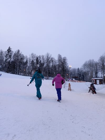 The image captures a winter scene at what appears to be a ski resort or a snowy recreational area. Two individuals, viewed from behind, are walking across a snow-covered path, heading slightly uphill towards a backdrop of dense, snow-dusted trees.
The person on the left is wearing a full teal or turquoise winter suit. They are carrying a pair of skis balanced over their left shoulder and holding ski poles in their right hand, with the tips resting on the snow. On the back of their jacket, there is a prominent emblem featuring a stylized winged creature, possibly a bird of prey like an eagle, with some illegible text underneath it.
The person on the right is wearing a bright pink or magenta winter jacket and dark blue ski pants. They are carrying a dark object, likely a ski helmet, tucked under their left arm and appear to be wearing ski boots.
The ground is entirely covered in a thick layer of white snow, showing some footprints from previous activity. To the left, a gentle snowy slope extends upwards, with a small, distant figure visible on it, possibly another skier. The background is dominated by a forest of mostly bare deciduous trees mixed with some coniferous evergreens, all lightly covered in snow.
In the mid-ground on the right side of the image, there are some wooden structures, possibly ski racks or small barriers, and further back, a small cabin or utility building is visible. Orange safety netting or fencing can be seen in the distance among the trees. Several artificial lights are also visible among the trees, suggesting either late afternoon, early evening, or an overcast day requiring additional illumination. The sky is a uniform, pale grey, indicative of an overcast winter day.
The overall activity depicted is people walking at a ski area, equipped with ski gear, presumably heading to or from the slopes. The atmosphere is cold and calm, characteristic of a winter landscape.
