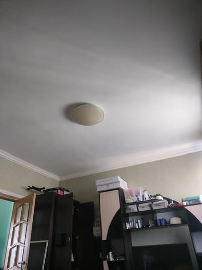 The image shows a ceiling with a circular light fixture. Below the ceiling, there is a room with furniture. On the right side, there is a shelving unit filled with various items including boxes, bottles, and decorative objects. In the center of the image, a dark wardrobe is visible, and to its left, a wooden door with glass panes. The walls are painted in a light green textured wallpaper. The scene is indoors, likely a residential or office space. The location is described as Guy, Russia.