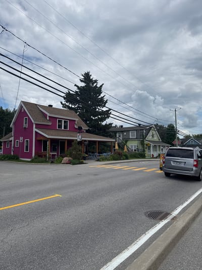 In Chelsea, Canada, a street scene unfolds with a vibrant magenta building prominently featured on the left, its facade adorned with white trim and featuring multiple windows and a covered porch area. Adjacent to this building, a grey minivan is parked, partially obscuring a pedestrian crossing marked with yellow stripes on the asphalt road. Behind the magenta building, a tall evergreen tree stands against a cloudy sky, its branches reaching upwards. Further down the street, other houses in various colors, including light green and blue, are visible, interspersed with more trees. Power lines crisscross the sky, contributing to the urban landscape. The overall atmosphere is that of a quiet street in a Canadian town on an overcast day, with signs and infrastructure indicating a functioning urban environment.