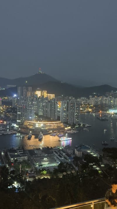 The image depicts a night view of a coastal cityscape in the Tianya District, China. Tall buildings, including high-rise apartment complexes and hotels, are illuminated with artificial lights. A harbor with several boats and yachts is in the foreground, their lights reflecting on the water. In the background, a mountain with a lit structure on top is visible. The sky is dark, suggesting it is late evening or night. Some trees are visible at the lower part of the frame. A person is partially visible in the lower right corner.