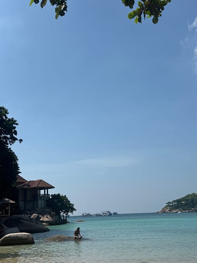 The image captures a bright, tropical beach scene in Koh Tao, Thailand, under a clear blue sky. The original image is rotated 90 degrees clockwise; when viewed correctly in landscape orientation, a vast expanse of light blue sky dominates the upper part of the scene, featuring only a few faint wisps of clouds, suggesting excellent weather conditions.
The ocean, a clear turquoise gradient, stretches across the right side of the frame, appearing calm and inviting. In the distance, several small boats are visible on the water, likely moored or cruising. The lower right side of the scene reveals a rocky shoreline adorned with large, smooth grey boulders and dense green foliage. Nestled amongst these natural elements is a multi-level building with a distinctive reddish-brown tiled roof and dark structural elements, possibly a resort or private residence.
A single person is observed in the shallow water near the shore, seemingly crouching or sitting on one of the rocks, partially submerged. The foreground on the upper left features the lush green leaves of a tree, adding to the tropical ambiance. Another tree-covered landmass or island can be seen in the far distance on the horizon. The bright sunlight indicates it is daytime, contributing to the vibrant and serene atmosphere of this island paradise. There is no visible text.