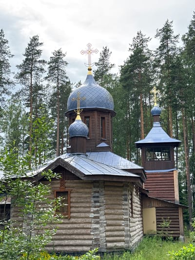The image shows a wooden Orthodox church with a bell tower, situated in a forest in the village of Nenimyaki, Russia. The church features a blue dome topped with a golden cross, and a smaller blue dome atop the bell tower. The building is constructed from horizontal logs, with some sections appearing to be stone. Green foliage and tall pine trees surround the church. The sky is overcast with grey clouds. There are no people or animals visible in the image.