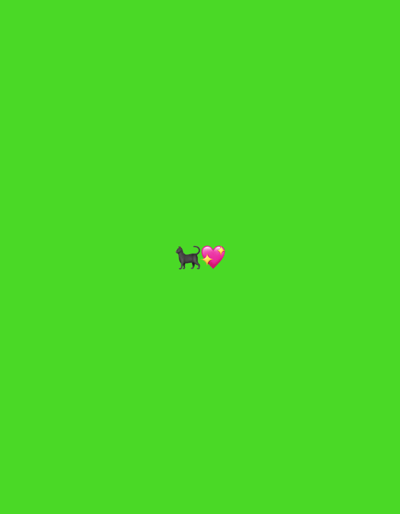 A black cat emoji stands beside a pink heart emoji with sparkles. Both emojis are centered on a vibrant green background.