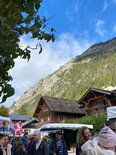 The image captures an outdoor market scene in Abondance, France, set against a backdrop of a prominent, steep mountain. The mountain's upper section features light grey rock faces, while its lower slopes are densely covered with dark green coniferous trees. The sky above is blue with scattered white clouds.
In the immediate foreground, dark green foliage partially obscures the upper left corner. Below the mountain, several traditional wooden chalet-style buildings are visible; a notable brown chalet with a gabled roof and windows is situated centrally.
The market area in the midground and foreground features multiple white canopy tents. One tent on the left displays a small Danish flag and a yellow sign indicating "CHAUSSETTES 15 €" (Socks 15 €). Numerous individuals populate the market. From left to right, a woman with light brown hair is partially visible. A bald man, wearing a dark vest over a grey long-sleeved shirt with an "HH" logo, stands facing slightly right, exhibiting a subtle smile. To his right, an older man in a dark flat cap, a blue and white striped shirt, and a dark jacket holds a dark umbrella or cane. Further right, a woman with curly blonde hair looks off to the right. In the extreme foreground on the right, a person's head, presumably an infant, is visible, wearing a light pink hooded garment with ear-like features. People are observed standing, walking, and interacting within the market environment.