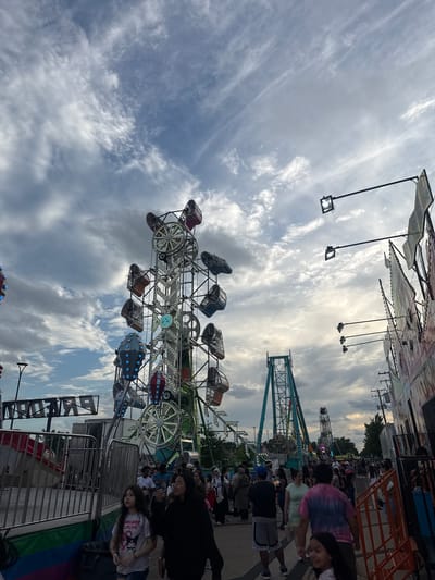 The image shows a busy street scene at a carnival in Niles, Illinois, USA. Several amusement rides, including a Ferris wheel and a pendulum ride, are visible. People are walking around and enjoying the attractions. The sky is cloudy, and the sun is setting, casting a warm glow over the scene. The overall atmosphere is festive and lively.