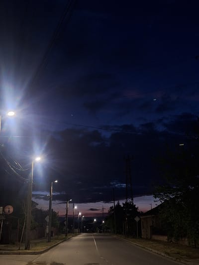 A street scene at dusk in Dolni Chiflik, Bulgaria. Streetlights illuminate a wet asphalt road. Overhead power lines run parallel with the road. The sky is dark with visible clouds. Vegetation and buildings line the side of the road. A road sign is visible.