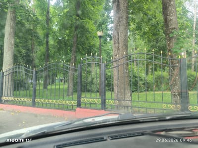 The image shows a black wrought iron fence with gold decorative elements in front of a park-like setting with tall trees and green foliage. A street lamp with a white housing is visible behind the fence. The ground in front of the fence is paved with bricks and asphalt, with some fallen leaves. The bottom of the image shows a dashboard from inside a vehicle, with a timestamp that reads "29.06.2026 09:46" and "Xiaomi 13T" in the bottom left corner. The scene appears to be in Vileyka, Belarus, based on the context provided. There are no people visible in the image.