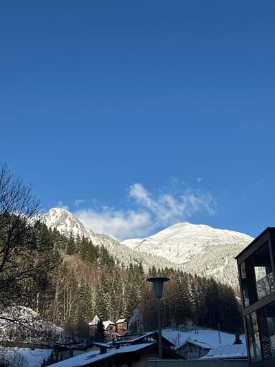 A snow-capped mountain rises against a clear blue sky. A forest of trees, dusted with snow, lines the lower slopes of the mountain. Buildings, possibly a ski resort, are visible to the right, nestled among the trees. Bare branches of trees in the foreground hint at winter. A lamp post stands among the buildings. White clouds are drifting next to the mountain.