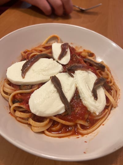 A close-up, overhead shot shows a white bowl filled with linguine pasta. The pasta is coated in a red tomato sauce and topped with several large pieces of white mozzarella cheese and thin, dark strips of anchovies. The dish is presented on a wooden surface, likely a table. A hand with a fork is partially visible on the left side of the frame, suggesting someone is about to eat. The lighting is warm and intimate, hinting at an indoor setting, possibly a restaurant or home dining area. There are no visible text elements. The image captures a moment of dining, focusing on the appealing presentation of the pasta dish. The scene evokes a sense of comfort and satisfaction.
