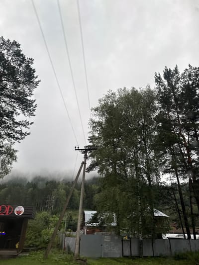 The image depicts a cloudy, overcast day in a rural area, likely near the city of Катунь, Russia. In the foreground, a wooden utility pole with insulators stands prominently. Behind it, a grey metal fence runs horizontally across the frame, bordering a property. To the left of the pole and fence, a rustic wooden structure with a dark roof and what appears to be neon signage for "GOOD" is visible. Further to the left, the dark branches of a conifer tree are in the frame.

The middle ground features a dense forest of deciduous and coniferous trees, with a misty or foggy layer obscuring the base of the trees and the distant hills. Several houses with pitched roofs are nestled within the treeline, some with visible windows and wooden siding. A smaller, lighter colored structure with a corrugated roof is also present.

The background is dominated by a heavily forested hillside shrouded in thick fog, creating a hazy, ethereal effect. Power lines stretch across the sky, originating from the utility pole in the foreground and extending towards the distant hillside. The overall atmosphere is muted and damp, suggesting recent or ongoing precipitation. No people are visible in the image.