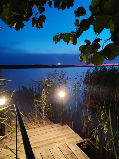 The image depicts a wooden boardwalk leading to a body of water, possibly a lake, at dusk or dawn. The sky is a deep blue, transitioning to lighter hues near the horizon. Tall reeds and grasses grow along the water's edge, and two illuminated lamps are visible, one on the boardwalk and another further down. Trees with dark green leaves frame the top of the image, silhouetted against the sky. The water appears calm, reflecting the dim light. The scene suggests a quiet, serene natural setting. The location is specified as Mysovoe, Russia.