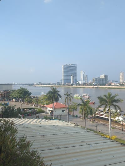 This image captures an elevated daytime view of a riverfront area in Khan Daun Penh, Cambodia.
In the immediate foreground, the corrugated metal roof of a building, light tan in color with prominent horizontal ridges and small square fasteners, occupies the bottom third of the frame. Green foliage is visible along the bottom left and edge of this roof.
The midground features a paved promenade running parallel to a wide, brownish river. A line of mature palm trees with green fronds and grey trunks is spaced along this promenade. Dark-colored streetlights with multiple lamp heads are intermittently placed. A single-story building with a red-tiled hip roof and light-colored walls stands on the left side of the promenade. Further left, an area with denser trees and indistinct structures is visible.
On the river, multiple vessels are present. Two large, white multi-deck passenger boats with green accents are moored or docked along the right side of the promenade. Several smaller, mostly green and white vessels, likely ferries or tour boats, are actively navigating the open water further out.
The background reveals a distant city skyline on the opposite bank of the river. This skyline is dominated by numerous multi-story buildings, including several modern high-rise structures. One prominent high-rise features a largely glass facade. To the far left, a long, light-colored bridge spans the river, connecting the two banks. The sky above is clear and light blue with minimal cloud cover. No individuals or specific actions are discernible in the scene.