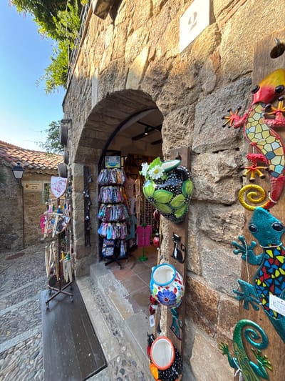 The image shows a narrow, cobblestone street in the historic center of Tossa de Mar, Spain, bathed in warm sunlight. An arched stone building facade dominates the foreground, with a small shop entrance nestled within the arch. The shop displays a variety of colorful souvenirs, including rows of patterned scarves or fabrics hanging on racks, t-shirts, and other trinkets. Outside the shop, decorative metal lizards in vibrant colors are attached to a wooden post, adding to the whimsical atmosphere. A ceramic vase decorated with green leaves and white flowers hangs on the wall beside the shop entrance. To the left of the arch, a street lamp is mounted on a stone wall, and a sign with Spanish text is visible. Steps lead up from the street into the distance. The overall impression is one of a charming, old-world European town with a focus on artisanal crafts and tourist attractions.
