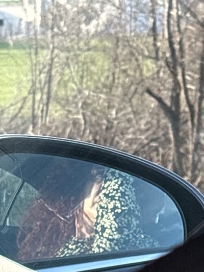 The image presents a view predominantly focused on the reflection in a vehicle's passenger-side exterior mirror, with the background outside the vehicle visible above it. The scene is located in Momin Sbor, Bulgaria.

Within the car's mirror, a partial reflection of a person is observed. This individual possesses long, dark, and seemingly wavy or curly hair. They are wearing a dark garment patterned with numerous small, light-colored, possibly white or cream-colored, speckles. A thin, reflective chain or necklace is visible around the person's neck. The individual's face is largely obscured or angled away, preventing clear identification of facial features or expression.

The environment visible outside the vehicle and above the mirror consists of a rural or semi-rural landscape. This background features numerous deciduous trees, mostly bare of foliage, suggesting a late winter or early spring season. Patches of vibrant green grass are interspersed among the trees. In the upper left background, a light-colored building or structure is faintly discernible in the distance. The lighting indicates daytime conditions.