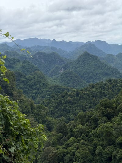 The image is a wide-angle, medium-shot photograph taken from a high vantage point, looking out over a dense, verdant mountain range. The sky is overcast with a layer of thick, gray clouds. The foreground features lush green foliage and vines on the left side, partially obscuring the view. The middle ground and background are dominated by rolling, heavily forested mountains. The mountains are covered in a variety of shades of green, indicating diverse vegetation. In the distance, the mountain peaks become progressively fainter and more blueish due to atmospheric perspective, with subtle hints of karst formations visible in some of the closer peaks. The overall impression is one of a remote and untouched natural landscape. The location is identified as Bố Trạch Commune, Vietnam, a region known for its karst topography and extensive forests within the Phong Nha-Ke Bang National Park.