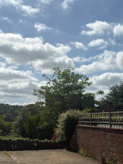 This media file captures an outdoor scene on a bright, cloudy day, likely in a garden or residential area in Guildford, United Kingdom. The upper and left portions of the image are dominated by a clear blue sky dotted with numerous fluffy white cumulus clouds, indicating fair weather.
In the mid-ground, a variety of lush green trees and dense foliage are visible, creating a vibrant natural setting. A large tree with distinct leaves stands out, while other greenery forms a rich background, possibly covering a hillside or slope. Small clusters of red flowers are nestled within the foliage, adding a touch of color near the brick wall.
On the right side of the frame, a textured, red-brown brick wall serves as a boundary or architectural feature. Behind this wall, a wooden trellis structure, possibly part of a pergola or fence, can be seen. A paved path or ground surface occupies the lower right corner. The strong, even illumination suggests the photograph was taken during daytime, likely midday or afternoon. There are no people or specific activities taking place, and no visible text is present in the image.