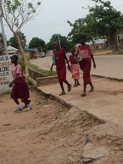 Four girls are walking on a dirt and paved sidewalk, with the road to their right. The girl on the left is wearing a pink shirt and maroon skirt with sandals and white socks. The next girl is wearing a maroon jumpsuit. The third girl is wearing a pink shirt and light pink skirt with sandals. The fourth girl is wearing a pink and maroon outfit with sandals. They appear to be in Biliri, Nigeria. The sign on the left says "BEB SCHOOL NJE G.E.A. GATE ED 1942".