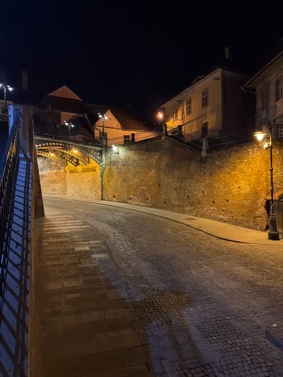 The image presents a nighttime view of a historic urban thoroughfare in Sibiu, Romania, specifically the passage beneath the Bridge of Lies (Podul Minciunilor). The scene is devoid of human activity or vehicles.
A cobblestone street, wet and reflective in areas, curves gently to the right, illuminated by warm artificial light. On the right, a high, aged brick wall, exhibiting areas of wear and repair, runs parallel to the street. A narrow, raised stone sidewalk separates the wall from the cobblestone roadway. A traditional black streetlamp with an attached surveillance camera is positioned on this sidewalk in the mid-ground. Above the brick wall, a multi-level structure with visible windows and a sloped roof is partially visible, accessed by an exterior staircase with dark metal railings.
On the left side, a stone retaining wall borders a lower, paved walkway or section of the street. An ornate pedestrian bridge, constructed with dark metalwork featuring decorative arches and illuminated by lights positioned underneath, spans across the scene overhead. Above and beyond the bridge, additional residential or commercial buildings with sloped roofs are discernible against the dark night sky. The primary light sources are streetlamps and lights integrated into the bridge structure, casting distinct shadows across the street and walls.