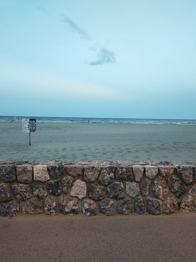 The image shows a view of the beach in Canet-en-Roussillon, France. In the foreground, a wall made of rough stones separates a paved area from the sandy beach. The beach stretches towards the sea, with gentle waves lapping the shore. The sky is a pale blue with a few wispy clouds. On the beach, a signpost displaying various symbols and warnings stands near the water. Further out in the sea, a single person can be seen, and a yellow marker buoy is visible in the distance. The overall scene is serene and depicts a typical coastal landscape.