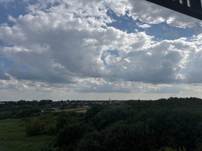 The image presents a wide-angle view of a landscape under a cloudy sky. The foreground is dominated by lush green vegetation, which transitions into a more distant view of scattered houses and trees, characteristic of a suburban or semi-rural setting. In the far distance, a town or village is visible with buildings and a prominent church spire. The sky is filled with large, billowy cumulus clouds, with patches of blue sky peeking through. The overall impression is of a serene, overcast day. Based on the provided context, this scene depicts a portion of the city of Luboń, Poland.