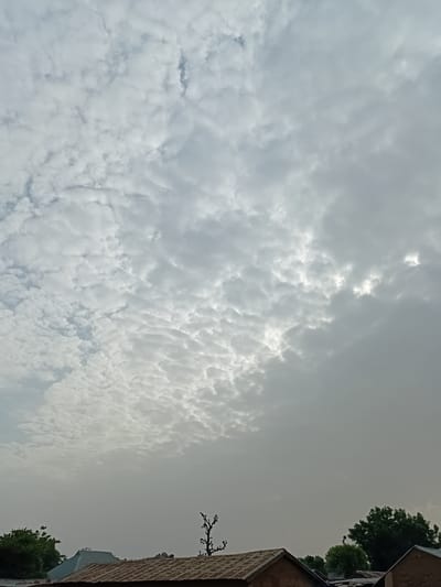 The image shows a view of the sky with altocumulus clouds, appearing mostly gray and white. Parts of buildings and trees are visible on the right edge of the frame. The sky is overcast. It is possible this photo was taken in the city of Nata-Ala, Nigeria, based on the prompt.