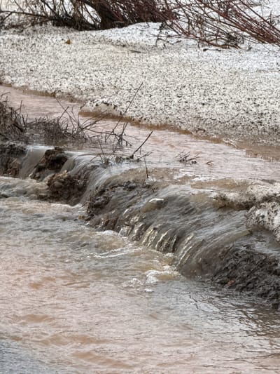 A close-up, landscape-oriented image depicts a bank of sediment or soil next to a body of water. The image is sideways. The sediment bank shows a textured surface with white and greyish tones, possibly due to minerals or deposition. Several small, dead, and bare branches are intertwined with the sediment. The water appears slightly turbid or muddy, with shades of light brown and grey, suggesting the presence of sediment. The water flows over the soil, creating small ripples or layers of sediment. This photograph was taken in Гремяча, Russia.