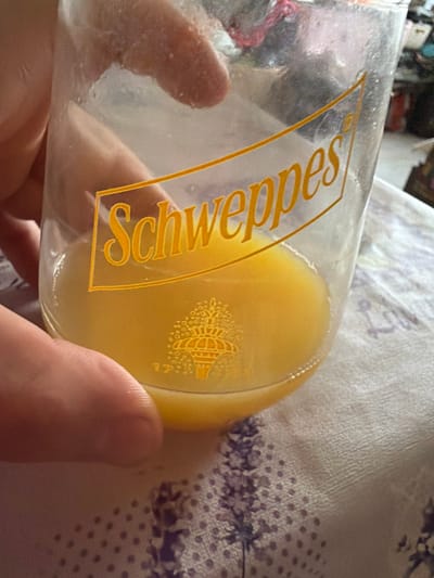 A clear glass, branded with a yellow "Schweppes" logo and a "1783" emblem, is held by a human hand with fair skin. The glass contains an opaque, yellowish-orange liquid, approximately one-quarter full. Condensation or residue is visible on the exterior of the glass where the hand makes contact. The glass rests on a light-colored, possibly white or off-white, fabric surface patterned with repeated purple floral designs. The scene is located indoors in Kermen, Bulgaria. The background remains out of focus.