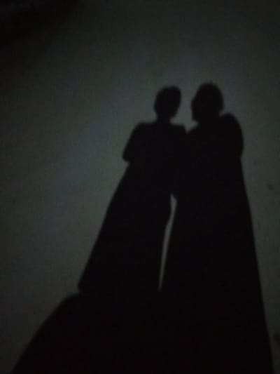 Two dark silhouettes of people are cast against a dimly lit, textured surface, possibly a wall or ground. The silhouette on the left appears to be facing left, with its head tilted downwards. The silhouette on the right is facing the viewer's left, with its head turned slightly towards the silhouette on the left. They are standing close together, suggesting an interaction or shared presence. The lighting is low, creating a shadowy and somewhat indistinct scene. The background is dark and featureless, with no discernible elements of the city of Ворошиловка, Kazakhstan.