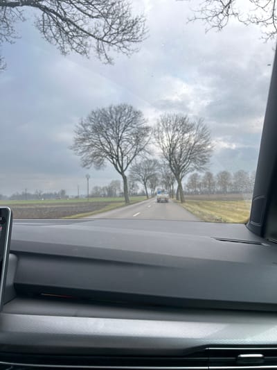 The scene depicts a forward-facing view from inside a vehicle, looking through a windshield dotted with water droplets. The vehicle's dark grey dashboard, featuring textured surfaces and a partial view of an infotainment screen on the left, occupies the lower foreground. The vehicle is traveling on a two-lane asphalt road, presumed to be in or near La Wantzenau, France. The road extends into the distance, flanked by bare deciduous trees, characteristic of a dormant season. Cultivated fields are visible on both sides of the road beyond the trees. Approximately 100-150 meters ahead, a white light commercial vehicle, possibly a van or truck, with a blue light bar on its roof, is observed traveling in the same direction. The sky is uniformly overcast and grey. A slender utility pole stands in a field to the left of the road in the mid-distance.