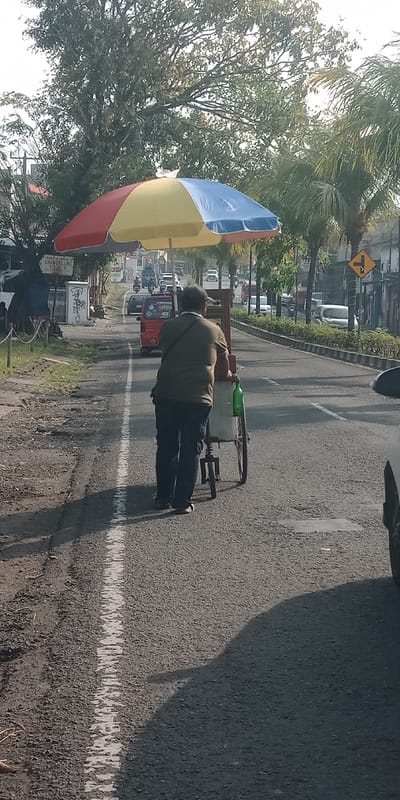 A male individual, seen from behind, dressed in an olive-colored shirt and dark trousers, pushes a two-wheeled street vendor cart on an asphalt road in Bojongherang, Indonesia. The cart features a large, multicolored umbrella (red, yellow, blue panels) for shade and a white rectangular container with a green bottle hanging from its side. The man and cart are positioned over a faded white dashed line, suggesting a shoulder or designated lane. To their right, a multi-lane road carries vehicular traffic, including cars and motorcycles, moving in both directions, with a red mini-van directly ahead. To the left, a dirt shoulder contains scattered vegetation and a concrete wall with partial signage reading "AYAM PELUNG" and "PENJUALAN." Large trees with dense foliage and palm trees line the road. Strong sunlight casts long shadows on the asphalt, indicating a mid-day setting. A yellow diamond-shaped road sign indicating a right turn is visible on the far right.