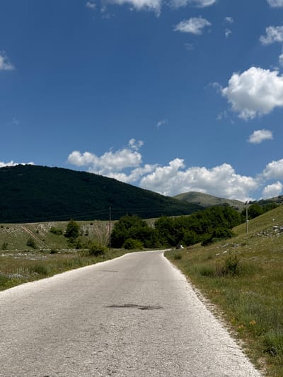 The image depicts a scenic mountain landscape under a clear blue sky dotted with white clouds. A paved road curves through the scene, leading the viewer's eye towards rolling green hills covered in dense forest. In the distance, a lighter, more barren mountain range is visible. The foreground features grassy slopes with scattered rocks and wildflowers. A single wooden utility pole stands to the right of the road, and a dark stain is visible on the asphalt surface. On the left side of the road, a white vehicle is parked near a line of trees. The overall impression is one of a peaceful, natural environment, likely in a rural or mountainous area. This scene is consistent with the natural beauty found in the region around Nikšić, Montenegro, known for its mountainous terrain and lush vegetation.