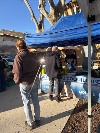 The image depicts an outdoor market scene in Cucuron, France, under a clear, bright blue sky with strong sunlight. In the foreground, a person with medium-length light brown hair, wearing a dark brown fleece jacket, light blue jeans, and brown shoes, stands with their back to the viewer, hands in pockets. To their right, an adult male with short grey hair, wearing a dark hooded jacket, dark trousers, and dark shoes, stands facing a market stall. This stall features a blue canopy and a banner labeled "AU COQUILLAGES," with "HUÎTRES" and "MOULES" visible, along with a phone number "07 62 68 86." Behind the counter of this stall, a male vendor in a dark jacket and light grey beanie hat attends to items displayed in yellow and blue crates. To the far left, a portion of another market stall with a white canopy is visible, alongside green crates and the back of a partially seen individual. In the background, buildings with tiled roofs and bare-branched trees are present. Long shadows are cast across the paved ground, indicative of direct sunlight, and a sun glint is visible mid-frame.