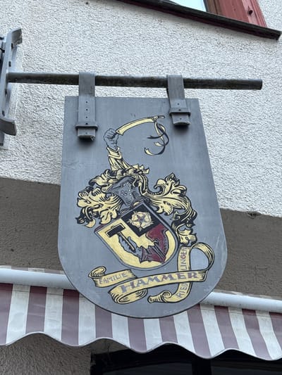 A close-up shot shows a heraldic sign for "Familie Hammer Riedlingen" mounted on a building in Riedlingen, Germany. The sign is predominantly grey with gold and black heraldic designs. It is attached to a metal pole via metal brackets. The sign features a coat of arms with floral and helmet designs and a banner with the family name and location. The building has a textured light grey wall to the left of the sign and a white and red striped awning to the right. A window frame is partially visible at the top left.