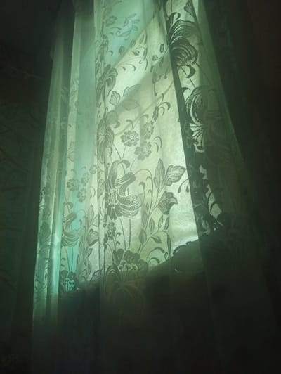 The image depicts a close-up view of a light green lace curtain with a floral pattern. The curtain is partially illuminated from behind, creating a soft glow and highlighting the intricate details of the lace. The background is dark and out of focus, suggesting an indoor setting. There are no people or specific identifiable objects visible, and no indications of the city of Moldoveanca, Moldova. The scene is static and devoid of any action or interaction.