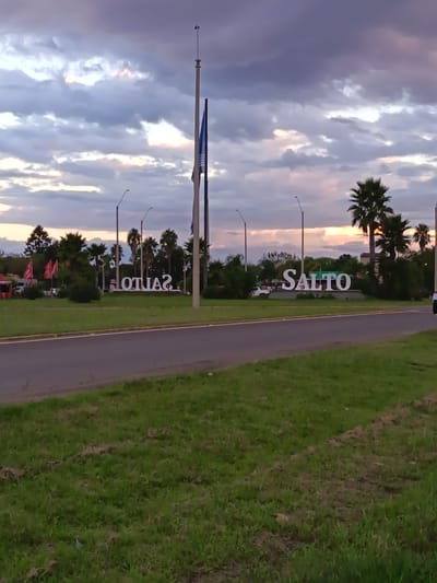 The image depicts an outdoor scene, likely an entrance to a city or region, under a cloudy, atmospheric sky at either sunrise or sunset. The sky is dominated by various shades of purple, grey, pink, and orange, indicating the soft light of twilight.

In the midground, large, white, dimensional letters spell out "SALTO", prominently positioned on a green grassy median. To the left of these letters, another similar sign appears as a reverse or mirrored image of "SALTO", reading "OTLAS", suggesting a two-sided welcome sign. The foreground features a wide paved road or driveway, with additional green grass verges on either side.

Behind the signs, the landscape is dotted with numerous palm trees and other lush green foliage, creating a dense backdrop. Several streetlights are visible, rising above the trees and along the road. A very tall flagpole stands towards the center-right, bearing a blue and white striped flag, likely the flag of Uruguay, given the location context of Termas del Daymán. In the far left background, some red banners or flags are faintly visible.

No people or specific activities are occurring in the frame. The scene is static, focusing on the landscape and the prominent "SALTO" signage, serving as a welcoming landmark for the city of Salto in Uruguay. A white vehicle is partially visible on the far right edge of the frame. The overall impression is serene and inviting.