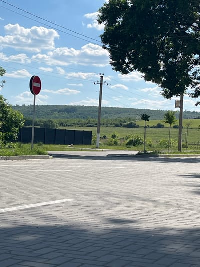 The image shows an outdoor scene with a paved area in the foreground, likely a parking lot or pedestrian walkway, marked with white lines. Beyond the paved area, there is a grassy strip, a black metal fence, and a vast green field with rolling hills in the background. A few sparse trees are scattered across the landscape. The sky is blue with scattered white clouds. A traffic sign, indicating "no entry" or "do not enter," is visible on the left side of the image, mounted on a pole. A single, light-colored dog is lying down on the grass behind the fence. There are power lines and utility poles visible, suggesting a semi-urban or rural setting. The overall impression is a sunny day with a view of a rural landscape. The location is identified as Budești, Moldova.