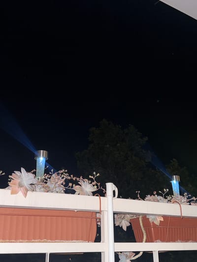 A nighttime photograph captures a balcony railing adorned with succulents. Two solar-powered garden lights, emitting blue beams, are positioned on the railing. The lights illuminate a portion of the dark sky and the foliage of the plants. In the background, a large tree is visible. The scene appears to be in Tankovo, Bulgaria.