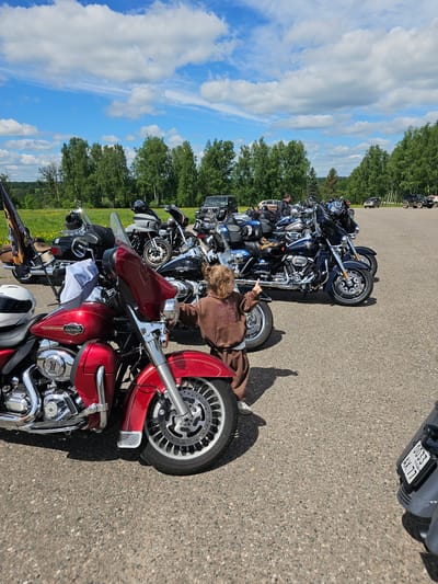 The image shows a row of motorcycles parked on an asphalt surface. The motorcycles are predominantly Harley Davidson models, with a red one in the foreground. A person in a brown hoodie is standing next to one of the motorcycles. In the background, there is a line of trees, a blue sky with white clouds, and some parked vehicles. The license plate on the upper right motorcycle is identified as "0033 AX 77 RUS". The location is the city of Borodinskogo Muzeya, Russia.