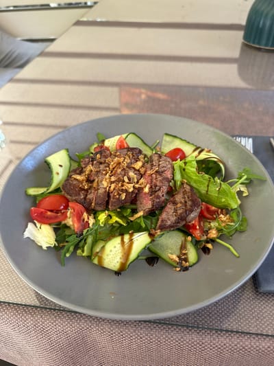 A medium shot captures a steak salad on a gray plate, positioned on a table with a textured brown tablecloth. The salad features sliced steak, lettuce, arugula, sliced tomatoes, and cucumber ribbons. Crispy fried onions are scattered over the steak. A dark drizzle, likely a balsamic glaze, adorns the salad. The background is blurred, showing a reflective surface with horizontal lines, suggesting a table or countertop. The setting appears to be an indoor dining area, possibly a restaurant or cafe. No individuals are visible in the image. The scene is brightly lit, highlighting the food. There is no discernible information in the image to indicate a specific location in Shirokaya Schel, Russia.