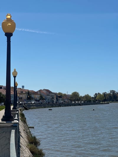 The image depicts a waterfront view in Seixal, Portugal. A row of ornate, vintage streetlights lines the promenade on the left. Adjacent to the promenade are buildings, some with visible tiled roofs. To the right is a wide river or estuary with sunlit ripples on the water's surface. The sky is clear and blue. The perspective suggests the photo was taken from a standing position on the promenade, facing the water.