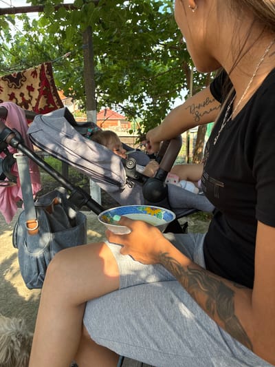 The image depicts an outdoor scene in Radievo, Bulgaria, featuring a woman feeding an infant. A woman, visible from the chest down and partially from the left side of her face, is seated. She wears a black t-shirt, grey shorts, and has long dark hair pulled back. Tattoos are visible on both arms: script on her upper right arm and a darker, pictorial design on her left forearm. She holds a white bowl with a blue rim and yellow floral design in her left hand, containing a light-colored substance. Her right hand extends toward a grey baby stroller, holding a spoon, indicating she is feeding the infant.

The infant lies in the grey stroller, facing away from the camera, with light-colored hair and a small hair accessory visible. A pink and white plush toy rests near the infant's lower body within the stroller. A grey diaper bag with tan accents hangs from the stroller handle on the left.

The immediate ground appears to be dirt or gravel. In the lower left corner, a portion of a fluffy, light-colored dog is visible. The background consists of dense green foliage, likely from trees or vines, and a concrete pole. In the upper left, a patterned rug or tapestry with red, brown, and cream colors hangs on a line. Distant residential structures with orange/red tiled roofs are visible through the foliage. The scene is illuminated by strong sunlight, casting shadows.
