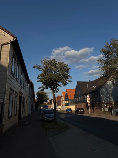The image depicts a street scene in Springe, Germany, characterized by a row of residential buildings and a street lined with parked cars and trees. The architecture of the houses suggests a typical European town, with varying roof styles and building materials. A prominent tree stands in the middle ground, casting a shadow across the sidewalk and street. The sky is a clear blue with scattered white clouds, indicating fair weather. The overall impression is one of a quiet, ordinary day in a German town.