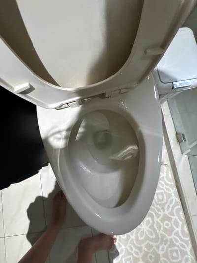 The image shows a white toilet bowl with the lid up in a bathroom. The bowl is filled with water and there is a shadow of a person's hand inside. The person's feet are visible in the bottom of the image, they are bare and on a white rug with a floral pattern. The rug is in front of the toilet bowl. The bathroom has white tiled floors and a white plastic bin to the right of the toilet bowl. The bathroom is located in Rio Oro, Costa Rica (latitude: 9.945, longitude: -84.201).