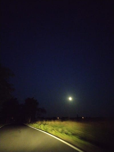 The image depicts a dark, rural landscape at night, possibly near Veselá, Czechia, with a full moon visible in the deep blue sky. A paved road curves into the distance from the lower left of the frame, illuminated by what appears to be headlights from the perspective of a moving vehicle. On the right side of the road, a grassy field stretches out, showing signs of motion blur, suggesting the photograph was taken from a moving vehicle. Trees and other vegetation line the left side of the road, appearing as dark silhouettes against the night sky. A few distant lights are faintly visible on the horizon. The overall scene conveys a sense of nighttime travel through a quiet, natural environment.