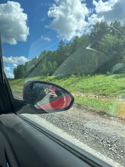 A photograph taken from inside a vehicle looking out the driver's side window. The view includes the side mirror, reflecting a red object, a possible cellphone in use, and a glimpse of the driver's hand. Through the windshield and side window, the sky with fluffy clouds is visible on the left, and a roadside landscape with trees, green vegetation, and an asphalt road is seen on the right. The interior of the car is partly visible in the foreground. There's no indication of the location being Il'yata, Russia.