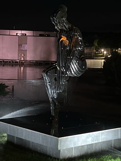 A metal sculpture of a seated figure is illuminated at night in Vyshen'ky, Ukraine. The sculpture is made of layered metal plates and appears to be in a reflective pool of water. In the background, a modern building with air conditioning units is visible, along with trees and streetlights. The overall scene is dark, with artificial lighting highlighting the sculpture and its surroundings.