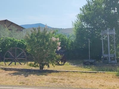 The image depicts an outdoor scene with a building and various rustic objects. In the foreground, dry, yellowed grass covers the ground, with a paved surface visible at the very bottom edge. A low stone wall separates the grassy area from a section with more green vegetation.
To the left, a large, dark, spoked wheel with visible gears is positioned upright in the grass. Further to the left and partially obscured by trees, a brown-roofed building with a visible gable is present.
In the center, a small tree with light-colored blossoms is in bloom, surrounded by denser green foliage. Behind the tree, a rusted metal object, possibly part of another wheel or mechanism, is visible.
To the right, a stone structure resembling an archway or pedestal stands. In front of this structure, two wheeled carts, possibly for transporting materials, are visible, one appearing more complete than the other.
The background features rolling hills covered in vegetation, with a clear blue sky above. The overall impression is of a rural or historical site, potentially an agricultural museum or a former industrial area. The location is identified as Cadalso, Spain.