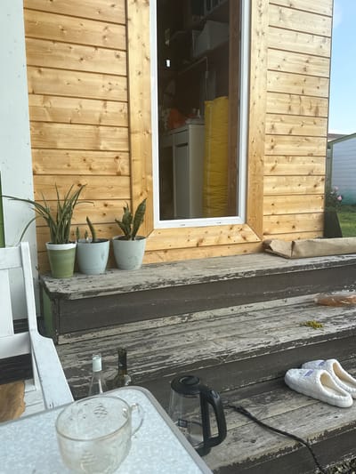 A close-up shot captures a wooden exterior of a structure with horizontal planks, featuring a doorway with a white frame. Three potted plants, identifiable as snake plants (Sansevieria trifasciata), are arranged on a weathered wooden surface in front of the structure. The plants are in light-colored pots, with one pot being green.
In the foreground, wooden steps lead up to the structure. The steps are dark and show signs of wear and peeling paint. On the steps, a black electric kettle with a cord, a pair of white fluffy slippers, and scattered yellow flower petals are visible. Further to the left, on a white table, a clear glass cup with an embossed floral pattern is present, along with two glass bottles - one appears to be a wine bottle, and the other is a clear glass bottle with a white label.
The scene suggests an outdoor setting, possibly a porch or backyard area of a small house or cabin. The context of Lyady, Russia, implies this is likely a domestic or rural location. There are no people visible in the image. The lighting indicates it is daytime, with sunlight casting shadows and highlighting the textures of the wood and objects. The overall impression is one of a lived-in, perhaps slightly rustic, outdoor space.
