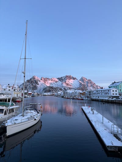 The image depicts a winter scene within the harbor of Henningsvær, Norway, characterized by a narrow waterway flanked by snow-dusted structures and prominent snow-capped mountains in the background. The sky is clear and light blue.
In the foreground, a white sailboat with a tall mast is moored on the left, its deck lightly covered in snow, with its reflection visible in the dark, calm water. A smaller white motorboat is partially visible behind the sailboat. To the foreground right, a snow-covered floating dock, equipped with two short white posts and a railing leading to a gangway, extends into the waterway.
The waterway itself is dark blue, reflecting the sky and the pink-hued mountain peaks. Both sides of the channel are lined with an array of buildings, predominantly white or pale-colored, with some featuring red or blue accents, consistent with traditional Norwegian coastal architecture. Several smaller boats, appearing to be fishing vessels, are moored along the docks adjacent to these structures.
The background is dominated by a rugged mountain range, heavily covered in snow. The highest peaks of these mountains are illuminated with a distinct pink or reddish glow from low-angle sunlight, suggesting either sunrise or sunset. This pink light is also reflected on the surface of the calm water. No individuals are present in the scene.