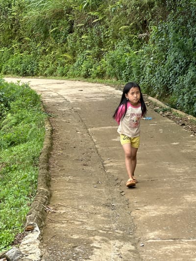 A young East Asian girl, approximately 5-8 years old, walks alone on a narrow, concrete-paved rural road in Pung Luong, Vietnam. She has long, straight black hair and wears a light-colored short-sleeved t-shirt with pink sleeves, featuring faded graphics and text that includes "TENMAN" and "O.J.D". She is also wearing yellow shorts and light brown open-toed sandals. Small, light-colored stud earrings are visible in her ears. Her hands are clasped behind her back, and she maintains a neutral expression as she walks towards the viewer. The road surface is uneven, showing cracks, aggregate, and dirt patches. On both sides of the road, low, irregular concrete or stone curbs separate the path from dense, lush green vegetation, characteristic of a mountainous or hilly environment. The vegetation includes ferns, grasses, and various leafy plants. A small blue plastic bottle is present on the road surface to the right of the girl. The scene is enveloped by steep, densely vegetated hillsides in the background.